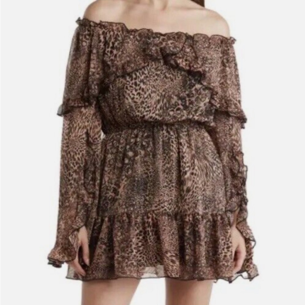 Topshop Brown Leopard Print Off Shoulder Ruffle Mini Dress